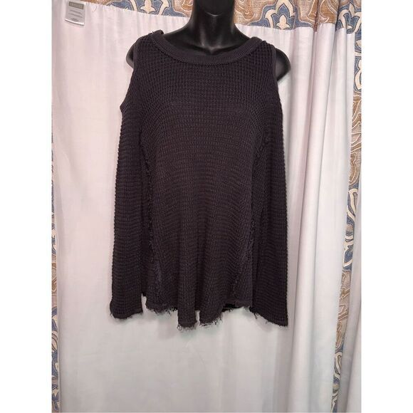 Beautiful Free People Gray Knit Raw Edge Cold Shoulder Sweater Pullover Boho siz - Picture 1 of 5